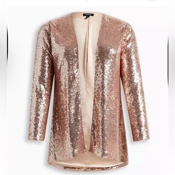 Torrid size 4 (26) Rose Gold Blazer and size 3 Tall (22-24) Pant Sequins Outfit - Picture 11 of 14